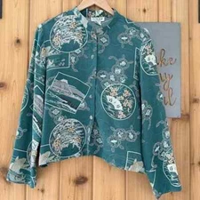 Citron Size Large 100% Silk Koi Long Sleeve Button Down Blouse Top
