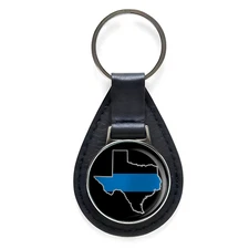 Law Enforcement Thin Blue Line Texas State Black Leather Keychain Silver Keyring