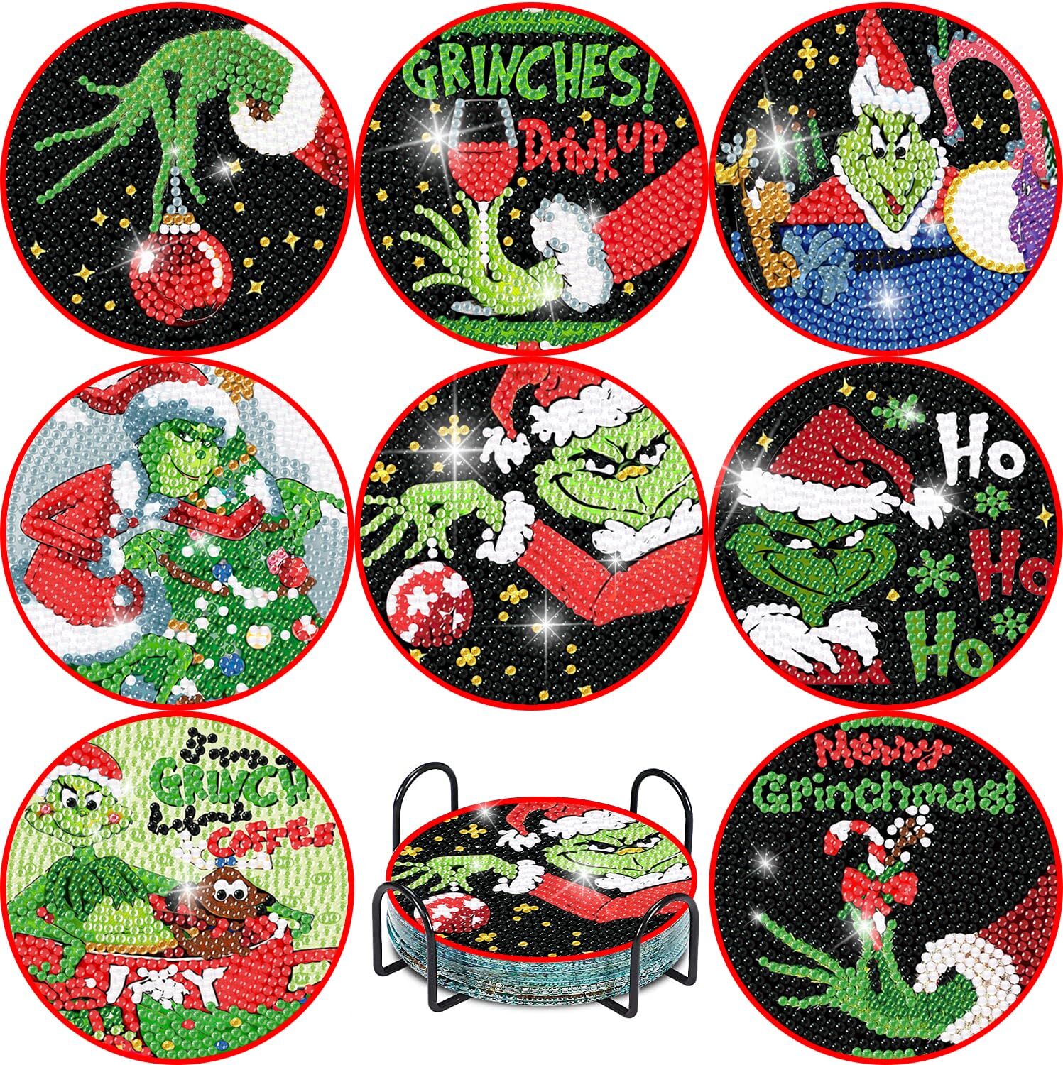 Clendo 8-Piece Christmas Diamond Painting Coaster Kit with Holder for DIY Craft Enthusiasts