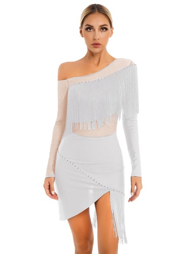 DE Damen Glitzer Latein Tanzkleid Quasten Hem Rock Trikot Ballroom Tanzkleidung - Bild 44 von 56