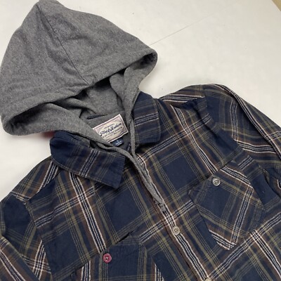 Flag & Anthem Hooded Flannel Shirt Men s S Blue Green Plaid Waffle Knit Lined