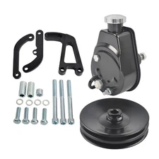 For SBC Chevy Saginaw Power Steering Pump & Double Groove Pulley & Bracket Black