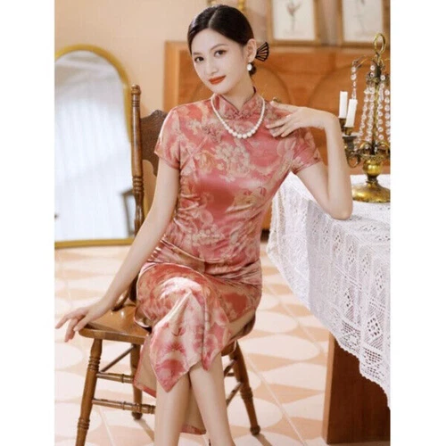 Mujeres Chino Tradicional Floral Satén Qipao Vestido Manga Corta Ajustado Cheongsam - Imagen 7 de 28