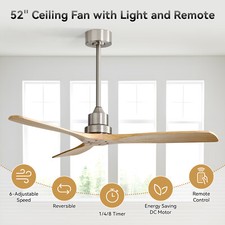 52in Nickel Ceiling Fan with Solid Wood Blades and Remote 6 Speeds Without Light