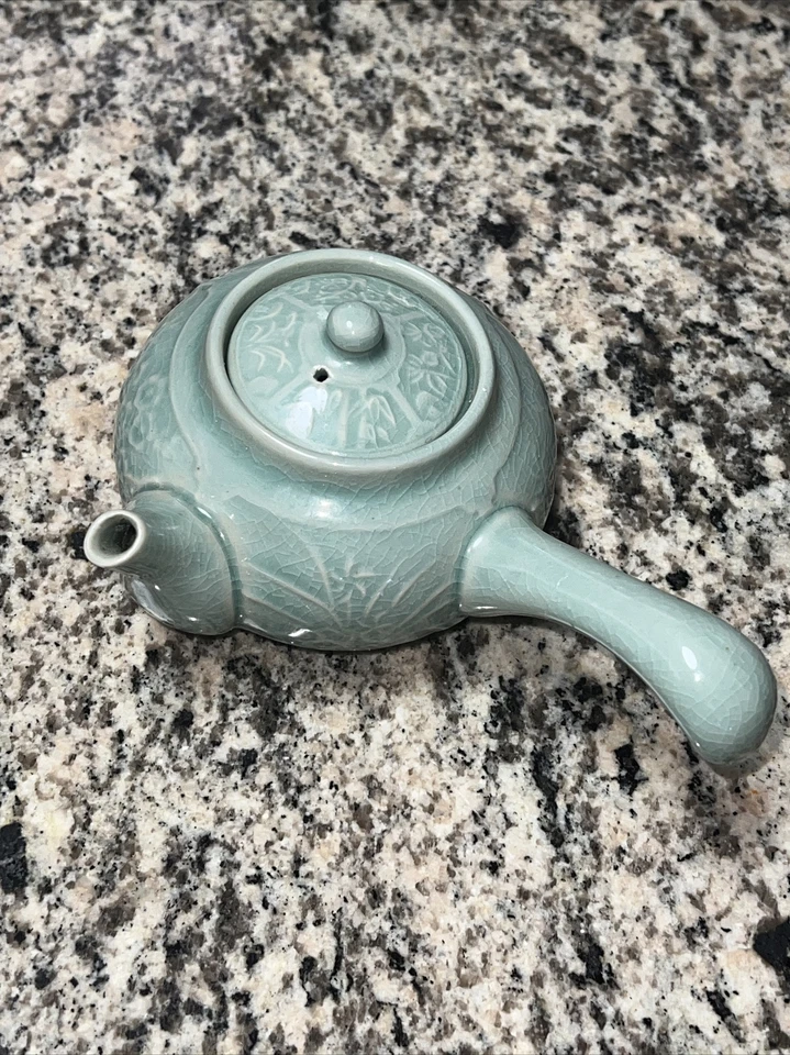 Tetera Coreana Celadon Rara Tetera Mango Lateral Verde Jade Cerámica De Colección Zen Foto 3 de 4