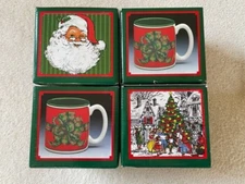4 NEW! Vintage 1990 Creative Concepts Christmas Mugs 1 Santa 1 Tannenbaum 2 Bows