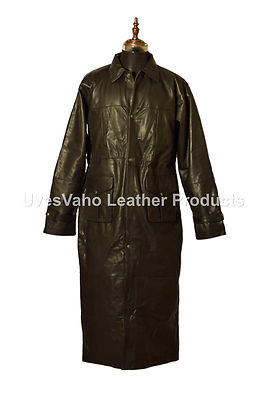 VINTAGE MENS BLACK DUSTER REAL LEATHER LONG TRENCH COAT JACKET | eBay