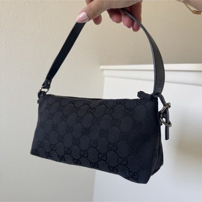 Gucci Black GG Monogram Mini Shoulder Bag w/ Zip Top & Silver Hardware