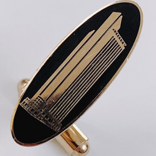VTG Mid Century Black Cufflinks Tie Bar Chain 3-Piece Set Skyscraper Gold Tone - Foto 5 di 20