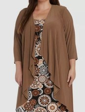 R M Richards Womens Brown 3pc Necklace Dress  Jacket Set Size 14