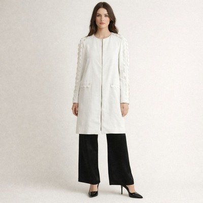 Elisabetta Franchi Off White Lined Collarless Scalloped Sleeve Crepe Coat 46(10)