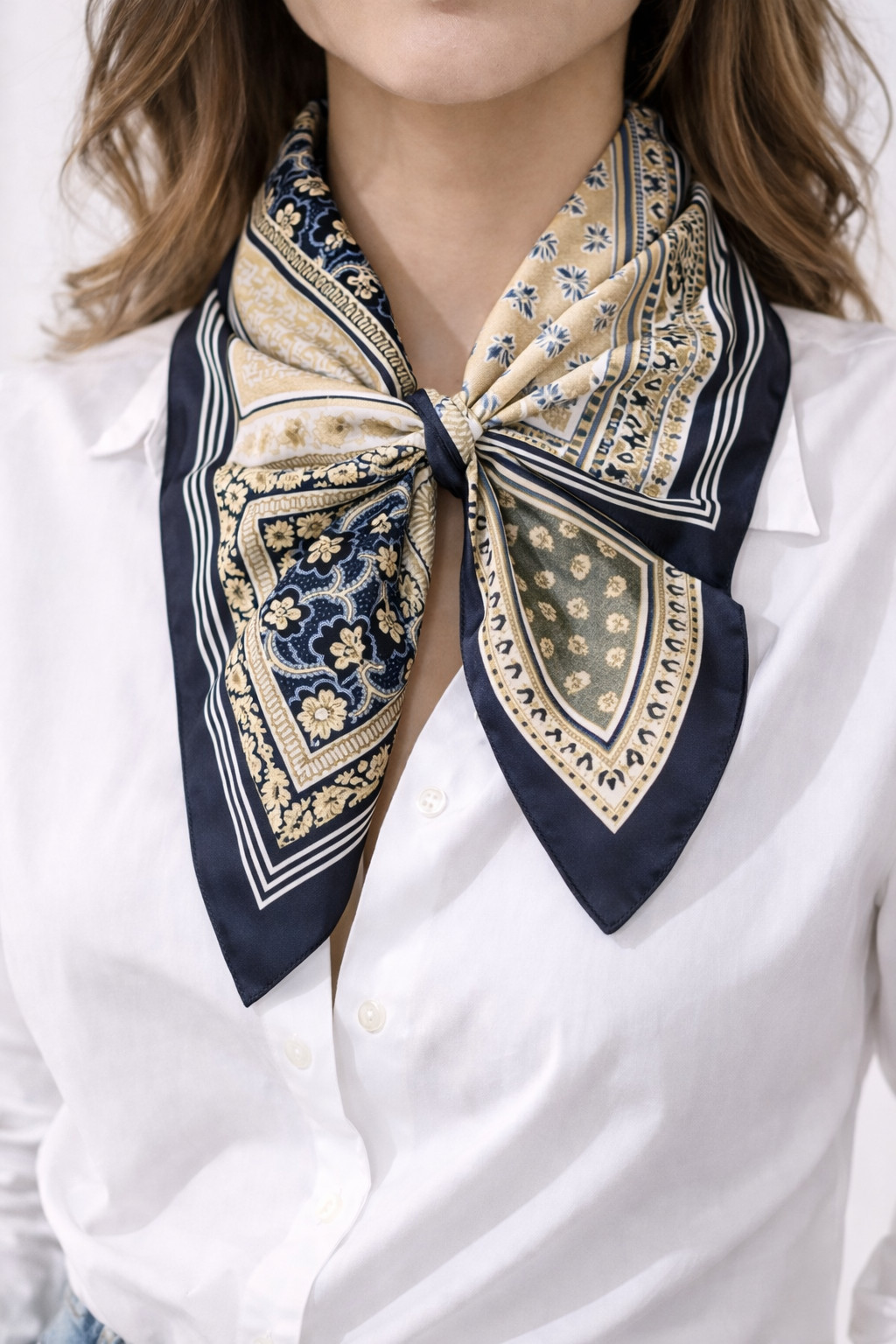 Square Scarf Navy Beige Patchwork Print 20x20 Cla… - image 5