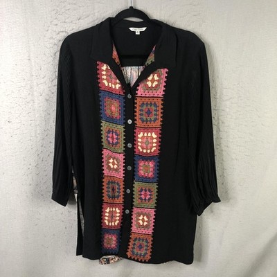 John Mark Tunic Blouse Womens M Black Crochet Granny Square Boho Festival