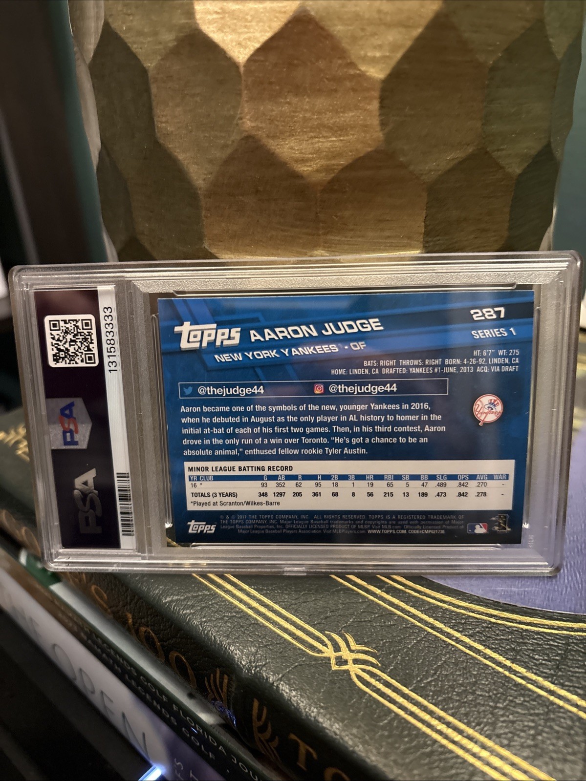 Aaron Judge 2017 Topps Series 1 Catching Rookie #287 PSA 9 RC Mint Yankees MVP view 3