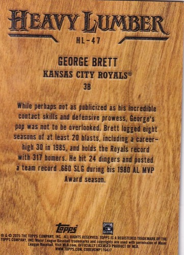 2025 Topps George Brett Heavy Lumber Wood Card #HL-47 Royals - Afbeelding 2 van 2