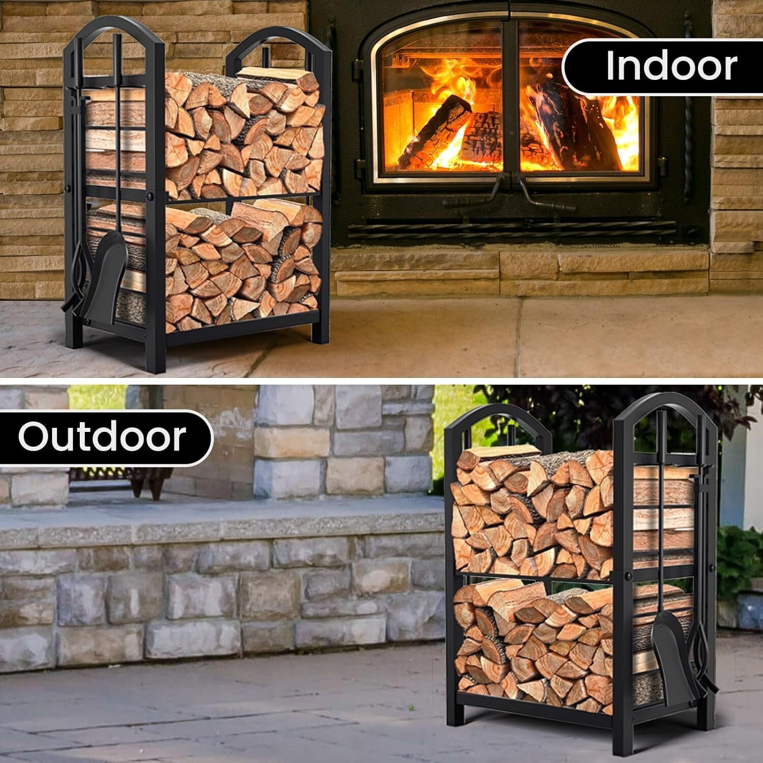Firewood Rack with Tools 5-Piece Indoor Fireplace Wood Holder Outdoor Log Holder