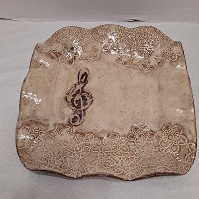 Sassy Pants Pottery Trinket Tray Treble Clef Note Scalloped Floral Glazed Signed