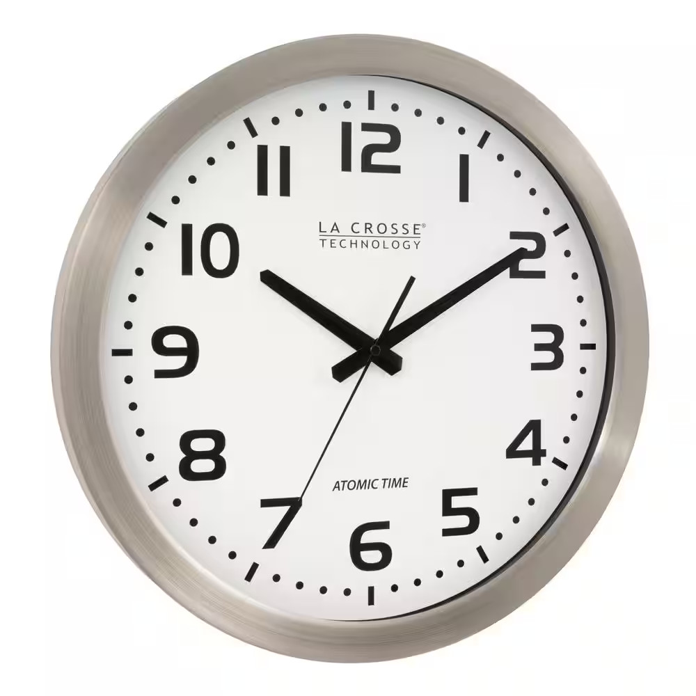 Atomic Wall Clock Stainless Steel Large 16 Inch Auto Set Battery Operated image