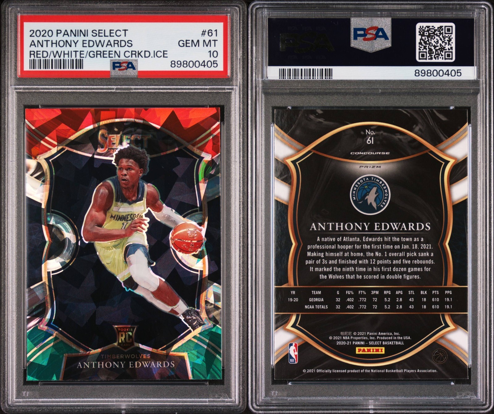 2020-21 Panini Select Red White Green Cracked Ice #61 Anthony Edwards(RC) PSA 10 view 3