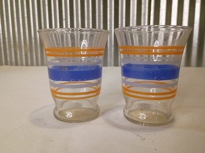 Libbey Orand & Blue Stripe Juice Glasses 3  Set Of 2 Vintage 80 s Shot Glass 