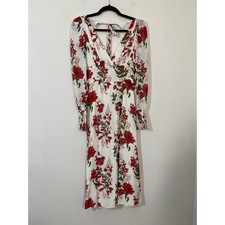 Reformation Lindero Dress Size XS Cream Red Floral Print Puffed Sleeves Midi
