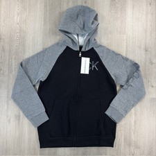 NWT Calvin Klein Jeans Girls L 14/16 Black Gray Full Zip Logo Hoodie Sweatshirt