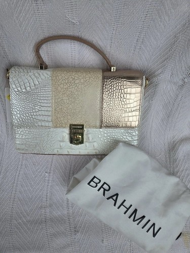 Brahmin Ivory/Gold Embossed Satchel Top Handle Push Lock Zip w/ Dust Bag