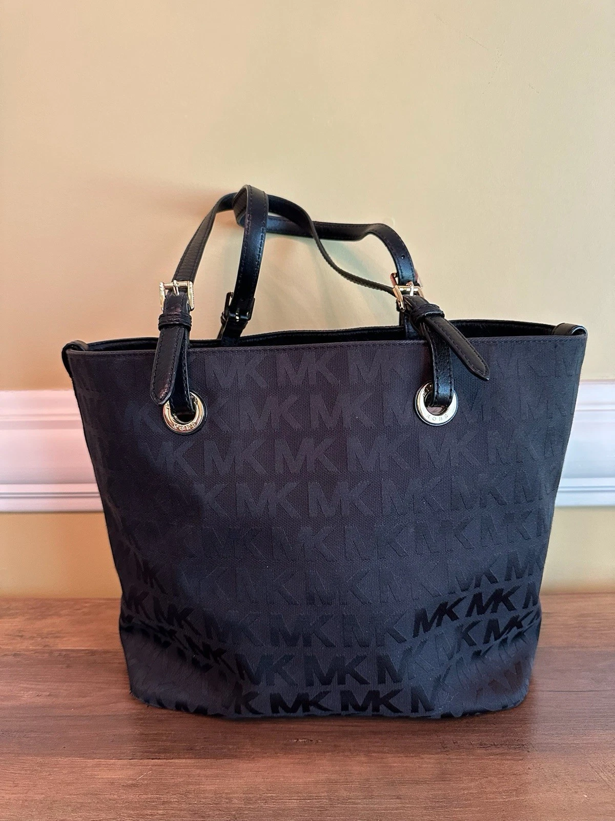 Michael Kors MK Logo Black Canvas Tote Bag Purse Handbag Designer