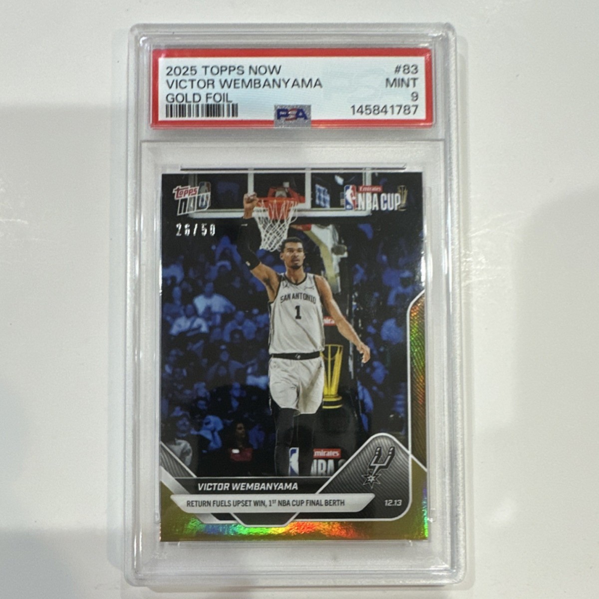 Victor Wembanyama 2025-26 Topps Now NBA Cup Gold Foil #83 PSA 9