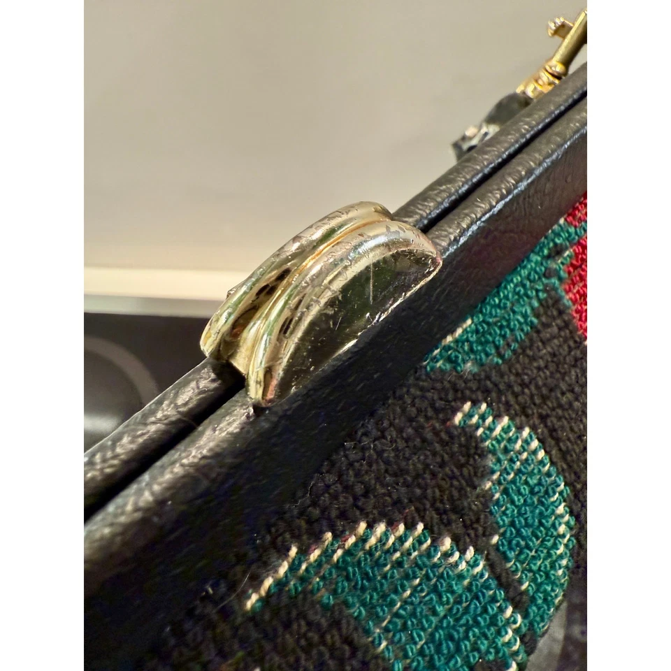 Vintage Carpet Bag Needlepoint Tapestry Structured Satchel Large Floral Black - Image 2 of 4