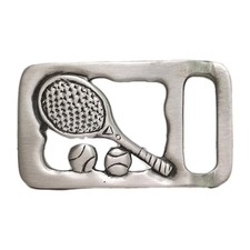Vtg Forge Metal Pewter Tennis Belt Buckle -1970s Racket  2 Balls 3.5"x2".