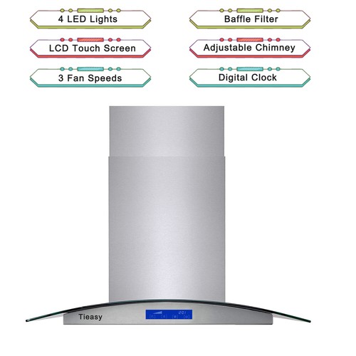 COS-668ICS900 | 36″ Stainless Steel Island Range Hood with Digital Touch Controls, Glass Canopy | Cosmo Appliances