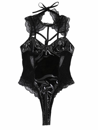 Womens Wetlook Bodysuit Patent Leather Lace Catsuit High Cut Jumpsuit Clubwear - Picture 36 of 52