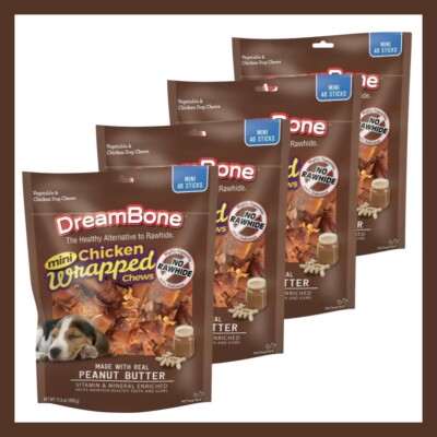 1000 DreamBone Mini Chicken Wrapped Chws Dog Treats w/Peanut Butter 20/40ct bags