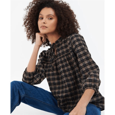 Barbour Plaid Seersucker Tunic Top US 6 Brown Black Preppy Quiet Luxury Organic
