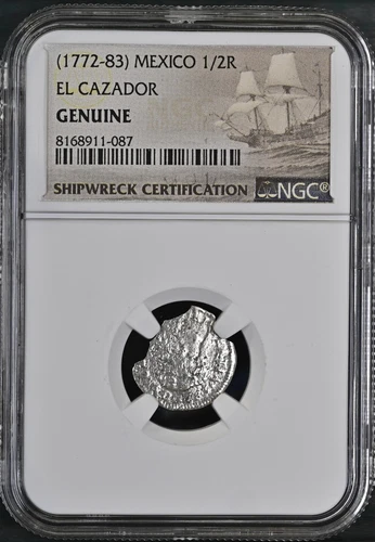 1772-1783 Mexico 1/2 Real El Cazador Silver Shipwreck Coin NGC Graded #087