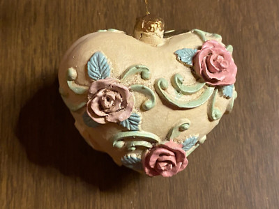 Heart Shaped w Raised Roses Made in Philippines Christmas Ornament 2 3/4''