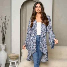 Boho Kimono Blue Floral Pattern Long Bell Tassel Sleeve NWT Trendy Festival