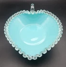 Vtg Fenton Turquoise Blue Milk Glass Heart Shape Candy Dish 8" Silver Crest 50's