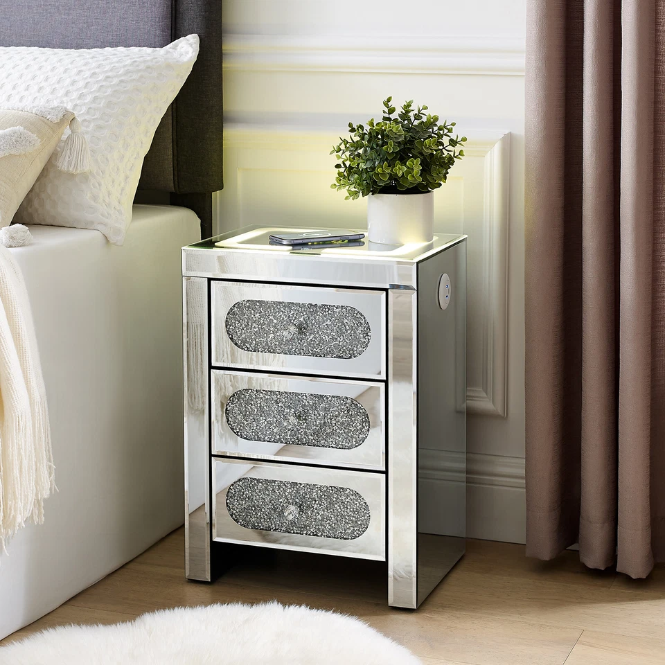 Mirrored Nightstand End Table Wireless Charging Station,LED Lights,USB,3-Drawers - Image 4 of 4