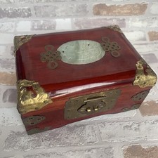 Vintage Chinese Shanghai Jewellery Box Wood & Brass & Jade Panel 