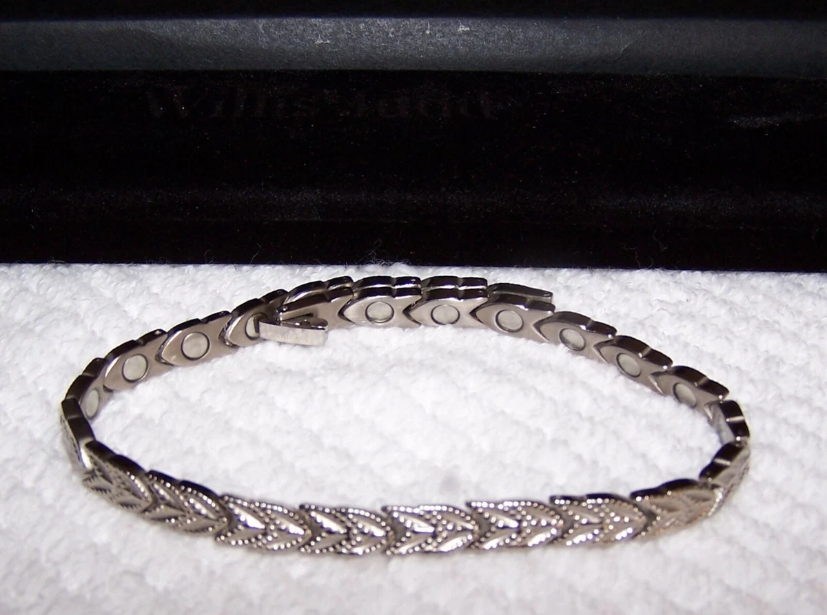 WILLIS JUDD Magnetic Titanium Bracelet Women s Silver Floral Etched Style NEW