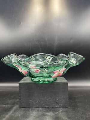 FENTON GREEN TRANSPARENT GLASS HP D ANDERSON FLOWER BOWL