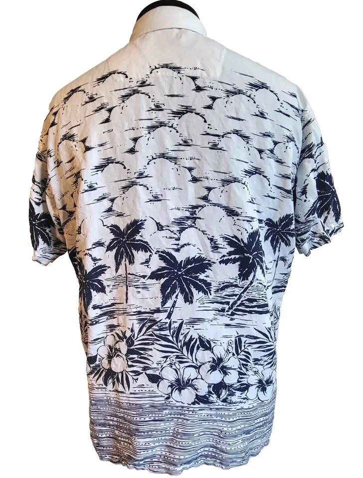 Nautica Hawaiian Shirt Mens Large L White, Blue Short Sleeve Camp Linen Blend - Image 2 of 4