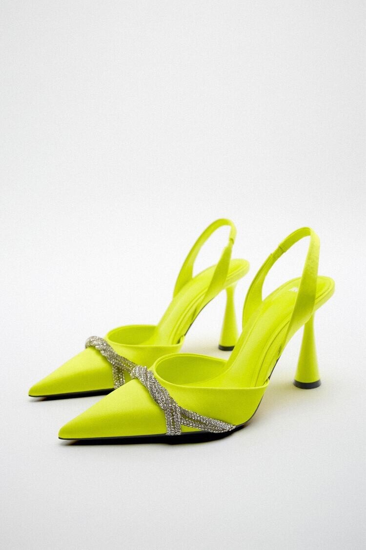 ZARA WOMAN SATIN HEELS WITH RHINESTONES LIME GREEN 6 EU36