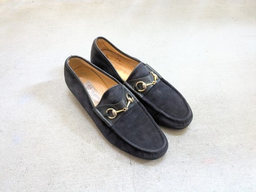 Vintage Gucci Horsebit Loafers Navy Blue Suede Men 10 Slip-On Dress Shoes Italy