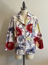 Coldwater Creek Jacket M Watercolor Floral 3/4 Sleeve Cotton Stretch 3-Button