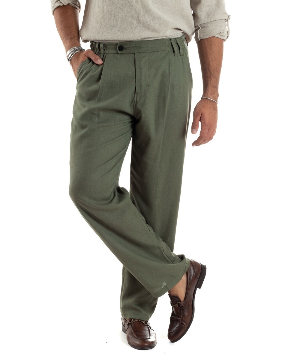 Pantalone Uomo In Lino E Viscosa - Elegante Con Catena, Tinta Unita, Made In Italy - Foto 4