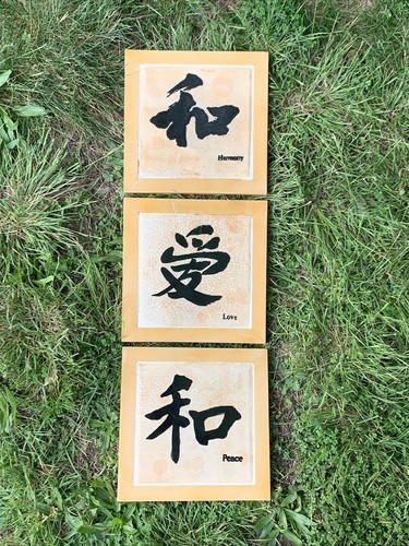 Chinese Feng Shui Wall Art SET OF 3 Harmony Peace Love Wood & Tile ❤️sj10m3 - 第 1/7 張圖片