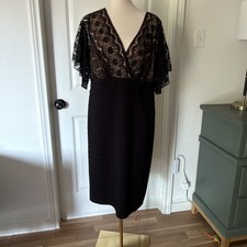Adrianna Papell Black Lace Dress Size 14 Sheath Cocktail V Neck Flutter Sleeve